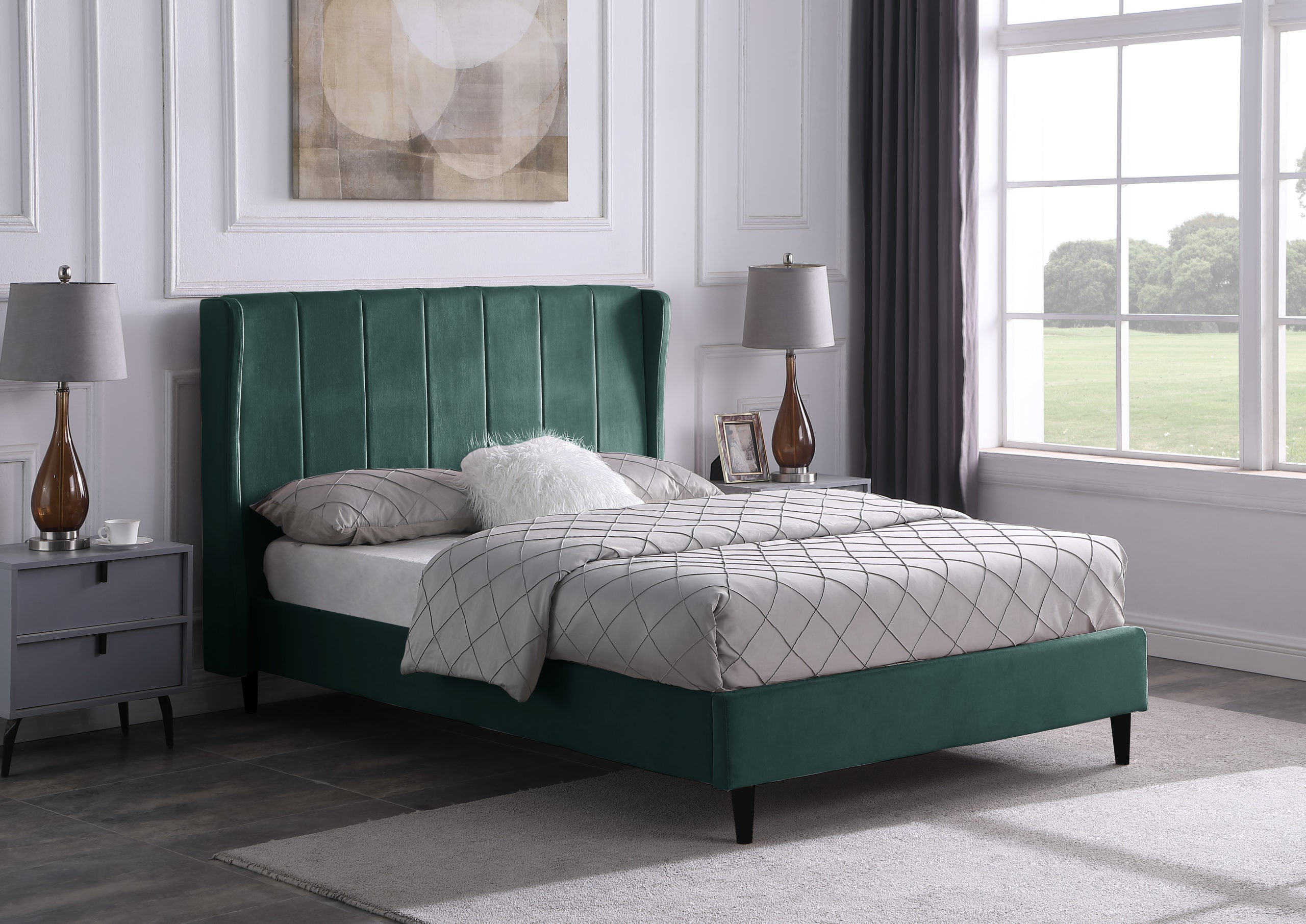 Amelia King Size Bed - Green Velvet Fabric