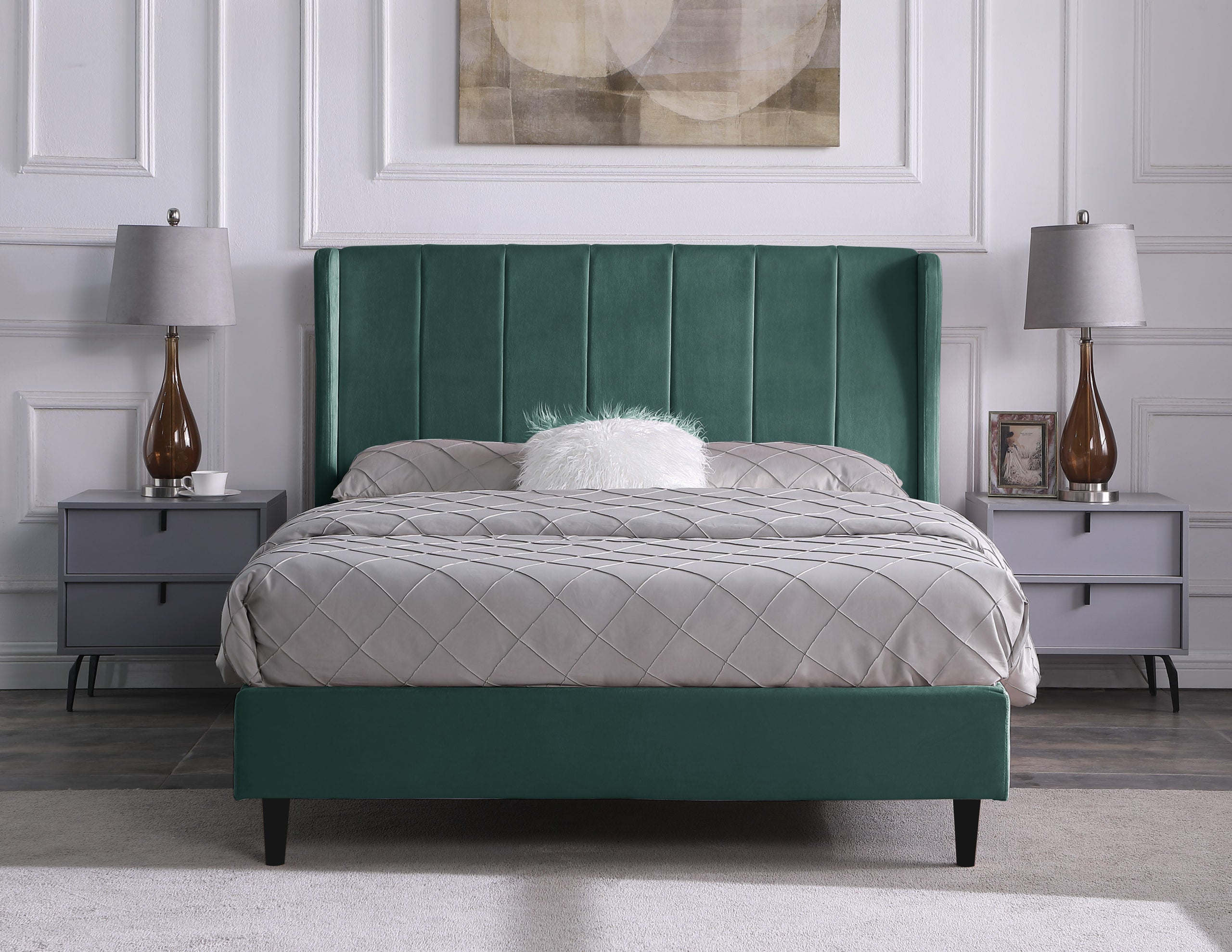 Amelia Double Bed - Green Velvet Fabric