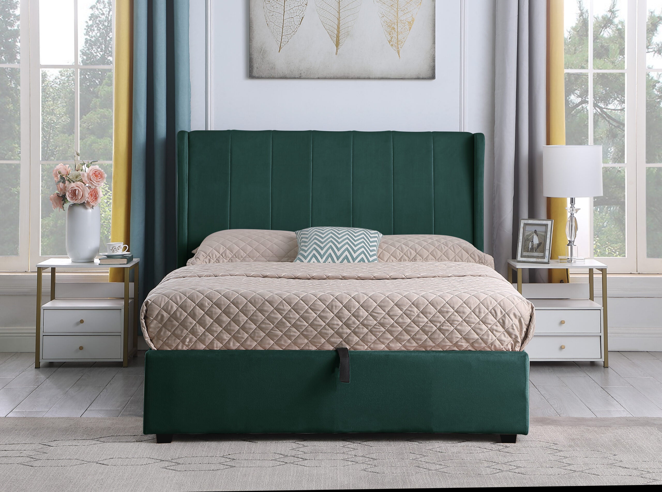 Amelia King Size Ottoman Bed - Green Velvet Fabric
