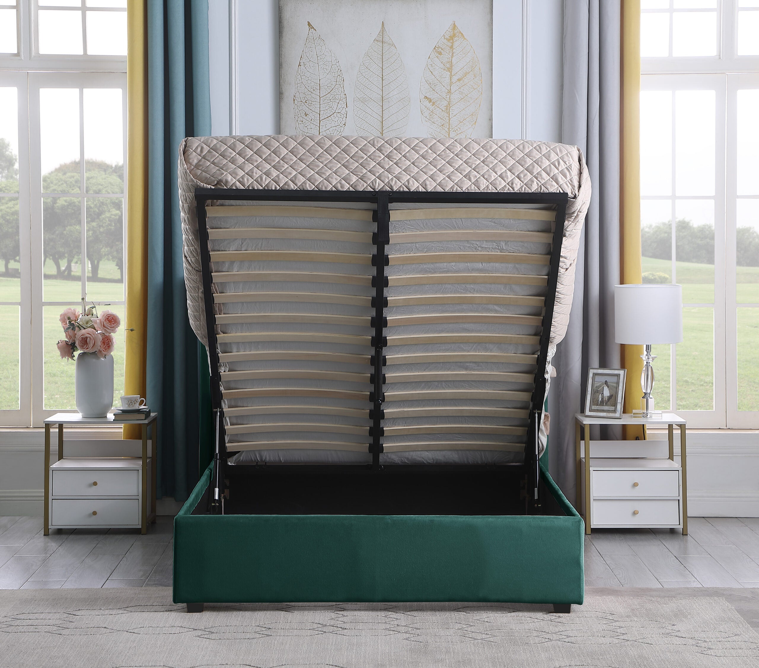 Amelia King Size Ottoman Bed - Green Velvet Fabric