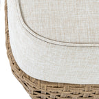 Bloom Collection Outdoor Footstool close up of fabric cushion and woven seat