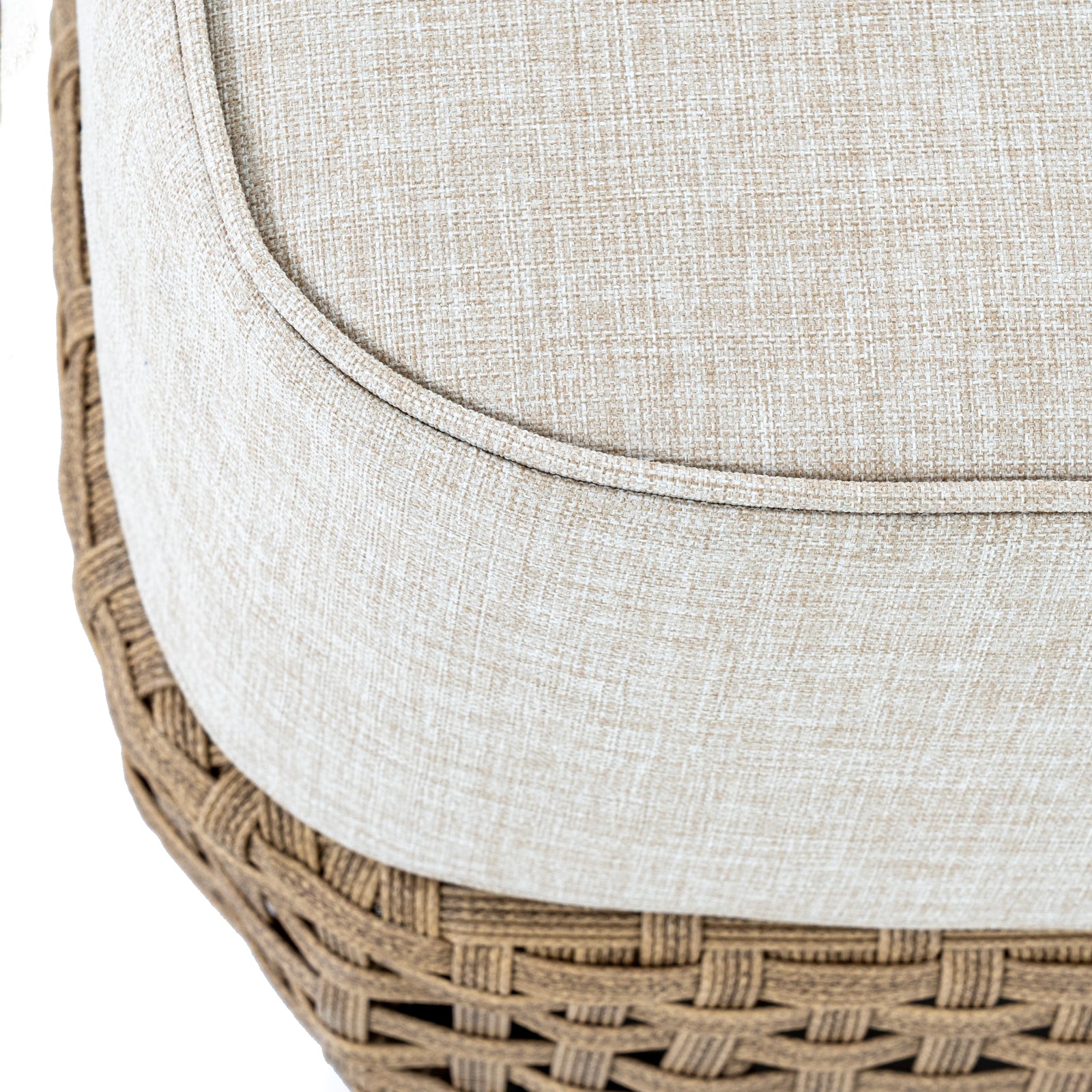 Bloom Collection Outdoor Footstool close up of fabric cushion and woven seat