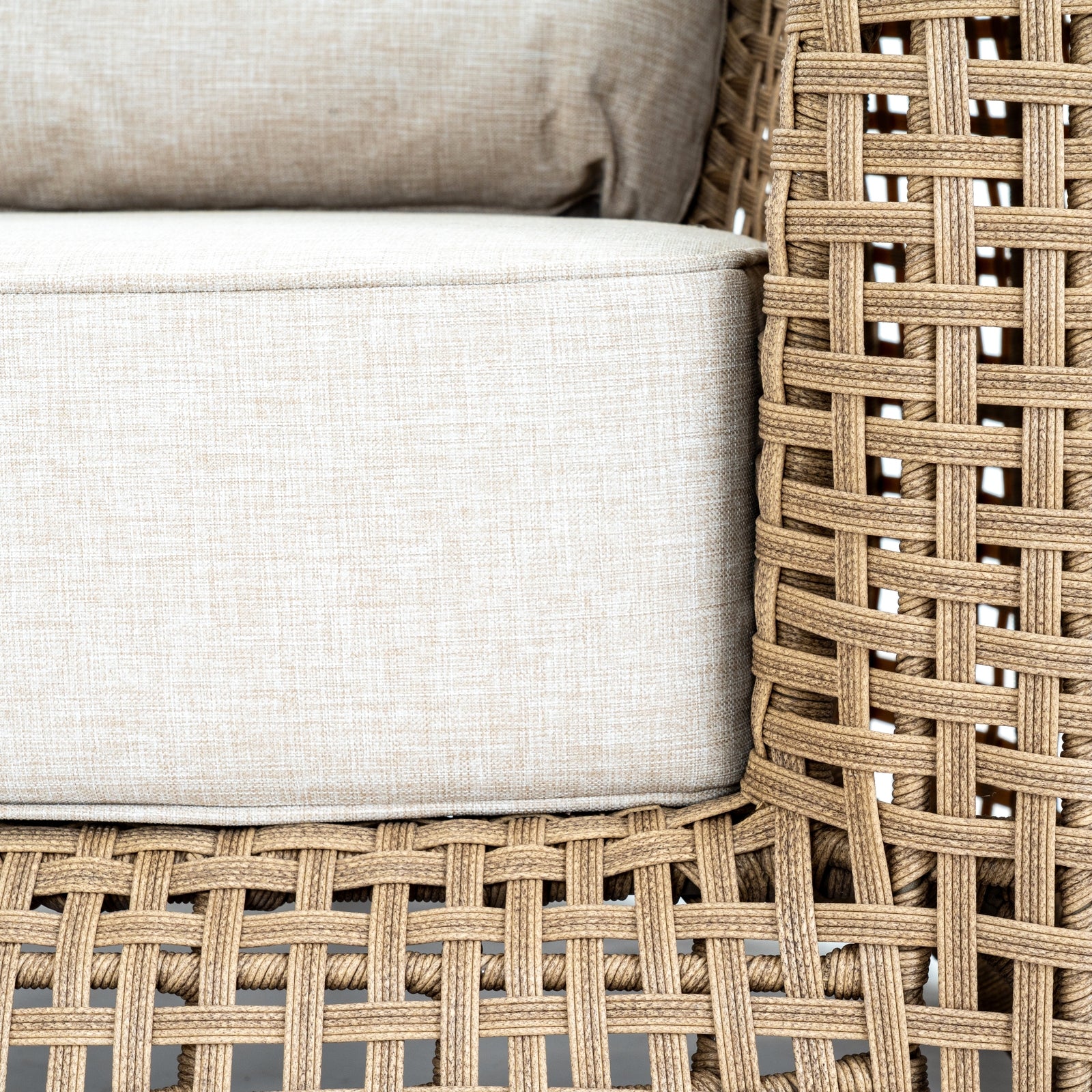 Bloom Collection Outdoor Large Lounge Chair close up of fabric cushion and woven style seat 2