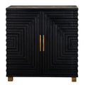 Black cabinet with geometric design and gold handles on a white background