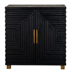 Black cabinet with geometric design and gold handles on a white background