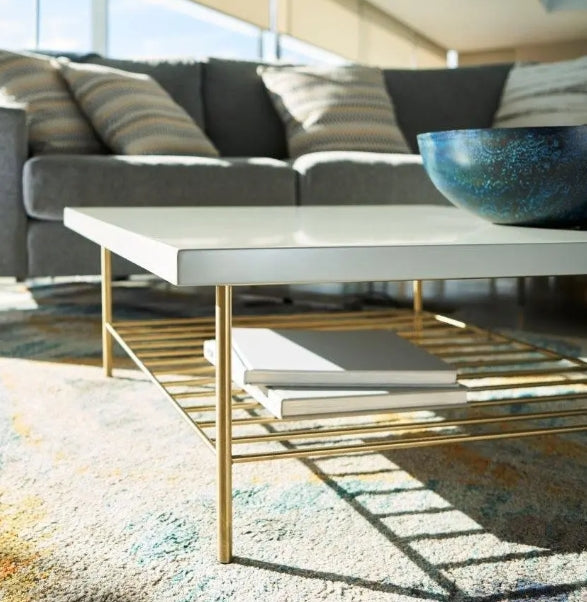 Alberto Square Coffee Table White With Brass Accent