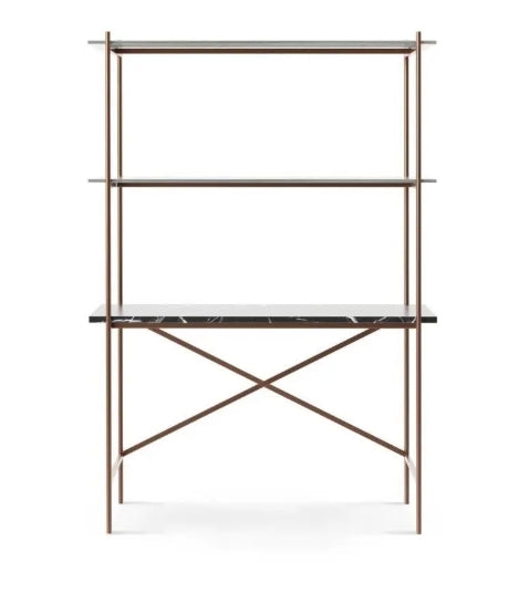 Adriana Desk & Bookshelf - Bronze Frame, Black Marble Desk & Antiqued Glass Shelves