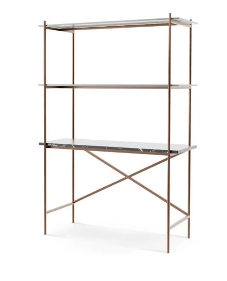 Adriana Desk & Bookshelf - Bronze Frame, Black Marble Desk & Antiqued Glass Shelves