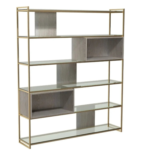 Federico High Bookcase - Weathered Oak Veneer & Brass Frame Bookcase