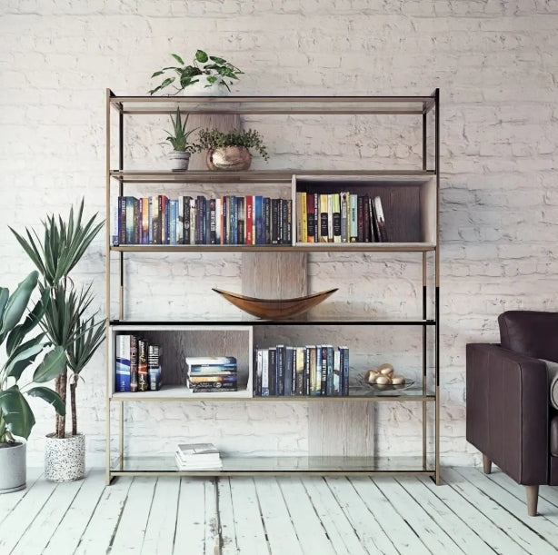 Federico High Bookcase - Weathered Oak Veneer & Brass Frame Bookcase