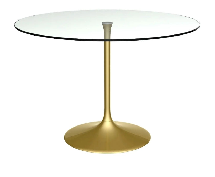 Swan Large Circular Dining Table - Clear Glass Top, Brass Column & Base
