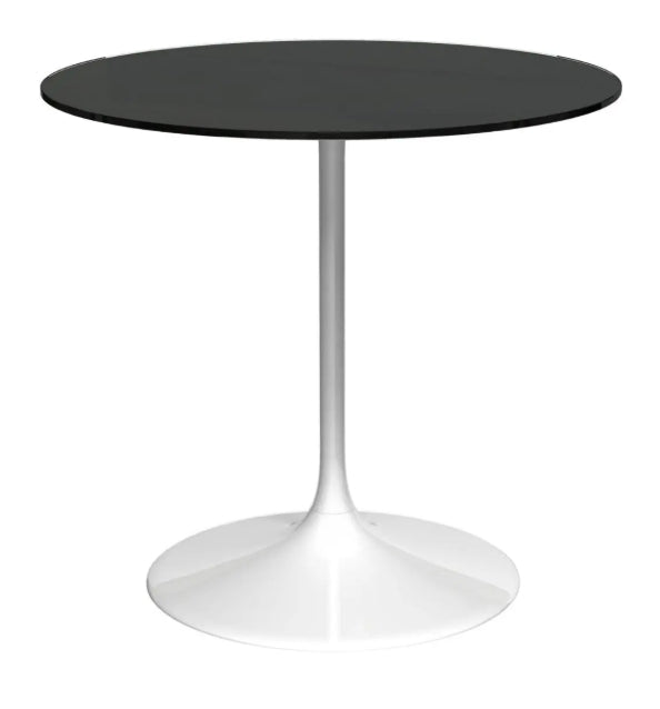 Swan Small Circular Dining Table - Black Glass Top, Gloss White Column & Base