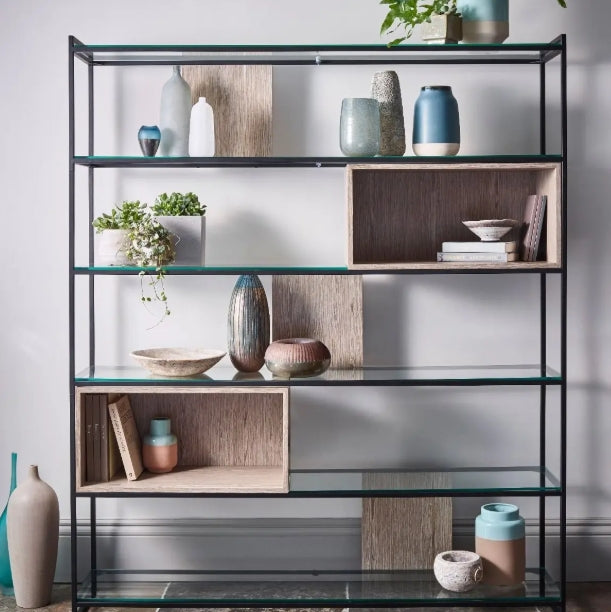 Federico High Bookcase - Weathered Oak Veneer & Black Frame Bookcase